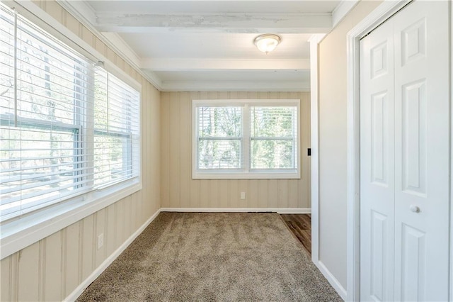 interior space with a wealth of natural light, baseboards, beam ceiling, and wood walls