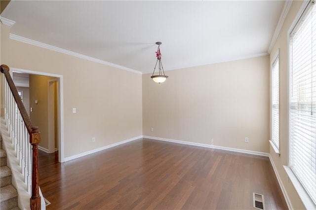 4400 Village Field Pl, Suwanee, GA 30024 - empty room featuring dark wood finished floors, baseboards, ornamental molding, and stairway