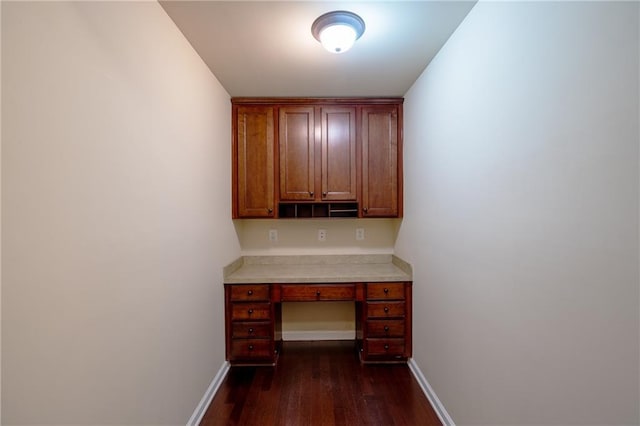 4400 Village Field Pl, Suwanee, GA 30024 - unfurnished office with dark wood-style floors, built in desk, and baseboards