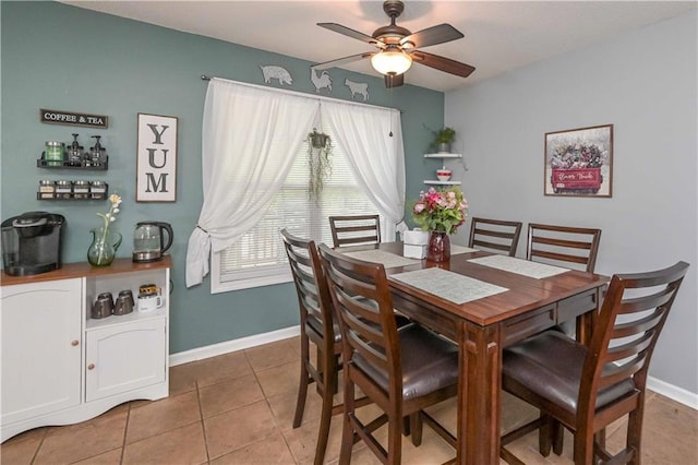 dining space featuring baseboards, ceiling fan, and light tile patterned floors