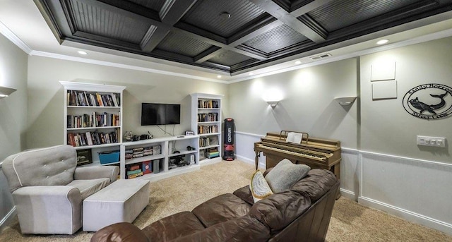 interior space featuring carpet floors, coffered ceiling, wainscoting, beam ceiling, and crown molding