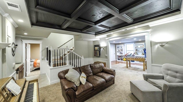 living area with visible vents, coffered ceiling, stairway, crown molding, and recessed lighting