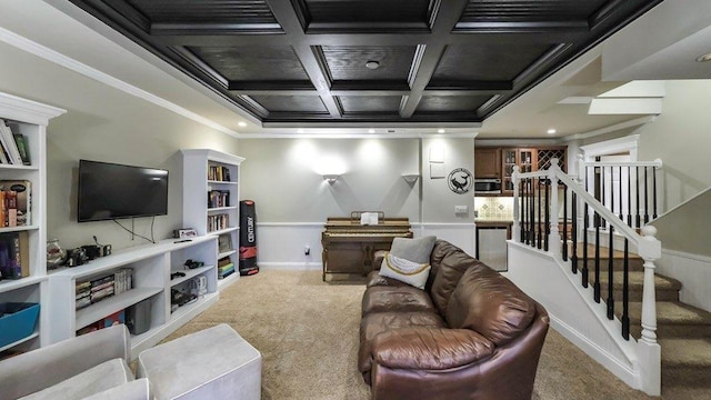 carpeted living room with ornamental molding, stairway, coffered ceiling, and beam ceiling