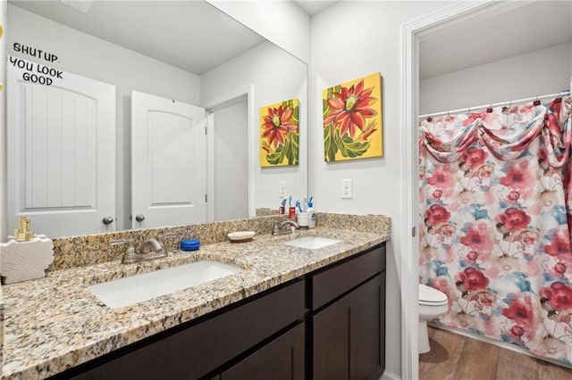 bathroom featuring toilet, double vanity, a sink, and wood finished floors