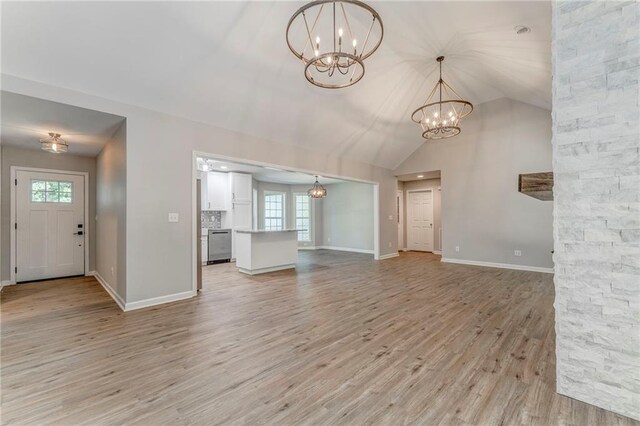14 Brook Valley Ct SW, Rome, GA 30165 - unfurnished living room with a chandelier, healthy amount of natural light, light wood finished floors, baseboards, and lofted ceiling
