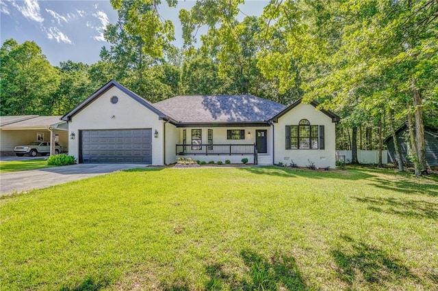 14 Brook Valley Ct SW, Rome, GA 30165 - ranch-style house featuring covered porch, an attached garage, concrete driveway, a front lawn, and stucco siding