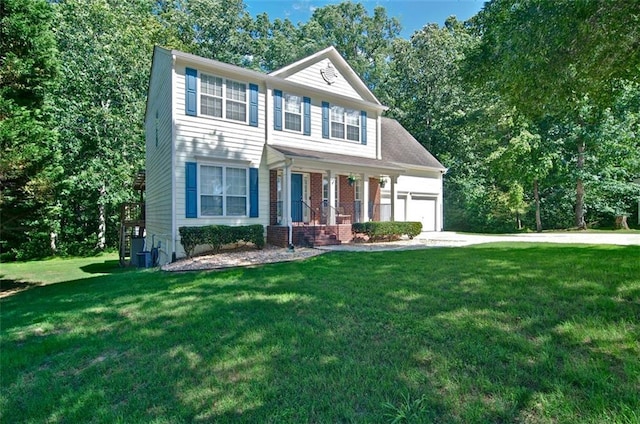 809 Longbranch Ln, Douglasville, GA 30134 - view of front of house featuring covered porch, a garage, a front yard, concrete driveway, and central air condition unit