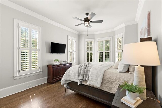 15910 Meadow King Way, Milton, GA 30004 - bedroom featuring wood finished floors, multiple windows, ornamental molding, and a ceiling fan