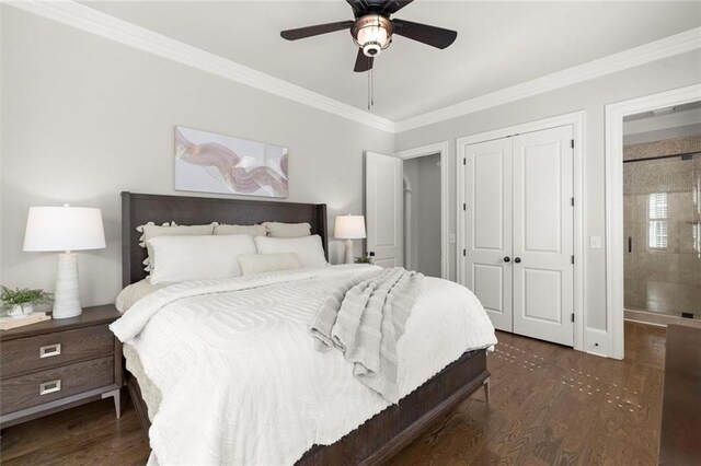 15910 Meadow King Way, Milton, GA 30004 - bedroom with crown molding, wood finished floors, a closet, and a ceiling fan