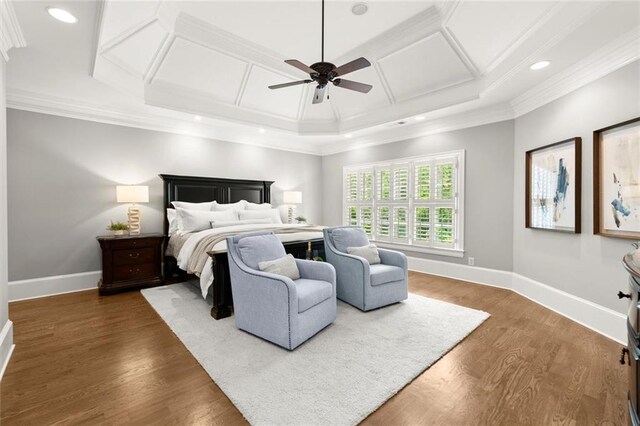 15910 Meadow King Way, Milton, GA 30004 - bedroom featuring coffered ceiling, ornamental molding, recessed lighting, wood finished floors, and ceiling fan