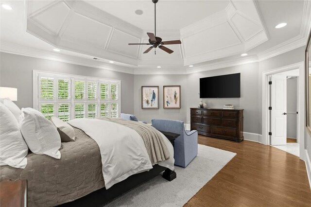 15910 Meadow King Way, Milton, GA 30004 - bedroom featuring wood finished floors, coffered ceiling, ornamental molding, recessed lighting, and a ceiling fan