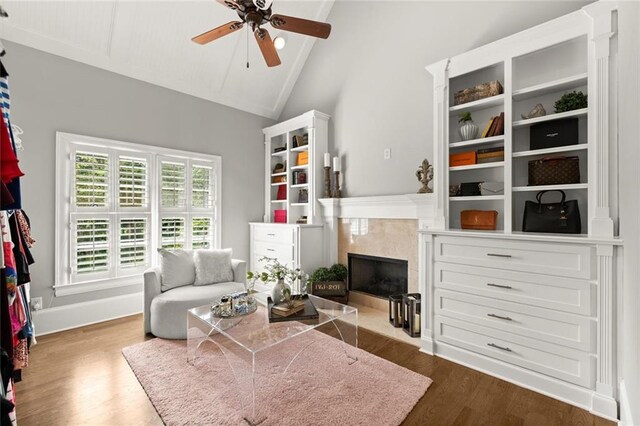 15910 Meadow King Way, Milton, GA 30004 - living area with wood finished floors, ceiling fan, a fireplace, and high vaulted ceiling