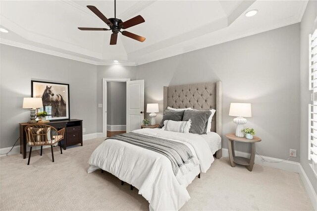 15910 Meadow King Way, Milton, GA 30004 - bedroom with a raised ceiling, light carpet, recessed lighting, crown molding, and a ceiling fan