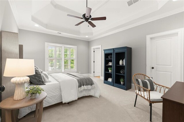 15910 Meadow King Way, Milton, GA 30004 - bedroom with a tray ceiling, light colored carpet, crown molding, recessed lighting, and ceiling fan