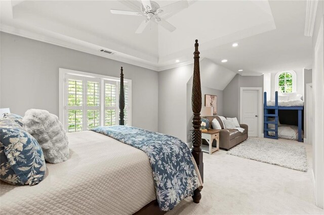 15910 Meadow King Way, Milton, GA 30004 - bedroom with carpet floors, recessed lighting, a raised ceiling, lofted ceiling, and ceiling fan