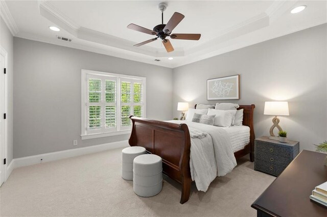 15910 Meadow King Way, Milton, GA 30004 - bedroom featuring crown molding, a tray ceiling, light colored carpet, recessed lighting, and a ceiling fan