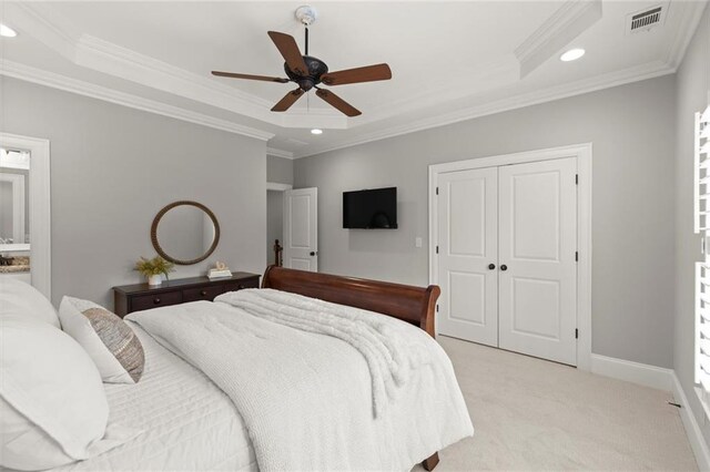 15910 Meadow King Way, Milton, GA 30004 - bedroom with ornamental molding, light colored carpet, recessed lighting, a closet, and a tray ceiling
