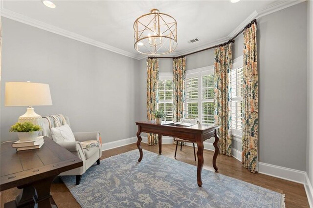 15910 Meadow King Way, Milton, GA 30004 - home office featuring a chandelier, ornamental molding, recessed lighting, and wood finished floors