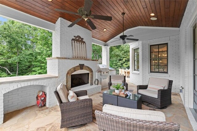 15910 Meadow King Way, Milton, GA 30004 - view of patio / terrace featuring an outdoor living space with a fireplace, a ceiling fan, and grilling area