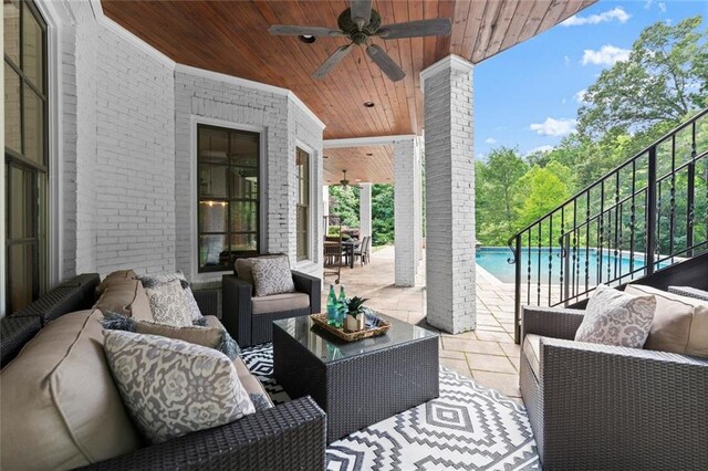 15910 Meadow King Way, Milton, GA 30004 - view of patio with outdoor lounge area, a ceiling fan, stairs, and an outdoor pool