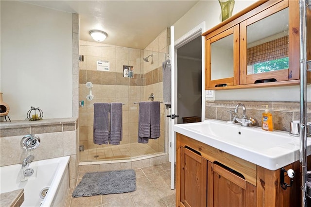 1438 Salem Dr, Alpharetta, GA 30009 - bathroom with a shower stall, vanity, a garden tub, and tile patterned floors