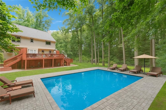 1438 Salem Dr, Alpharetta, GA 30009 - outdoor pool with stairs, a wooden deck, and a patio area