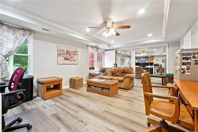 1438 Salem Dr, Alpharetta, GA 30009 - office with a tray ceiling, a ceiling fan, light wood-type flooring, crown molding, and recessed lighting