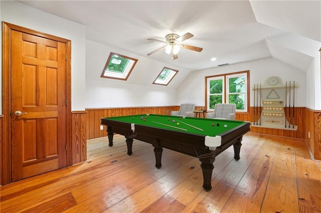 1438 Salem Dr, Alpharetta, GA 30009 - recreation room featuring a wainscoted wall, billiards table, a skylight, light wood-style floors, and vaulted ceiling