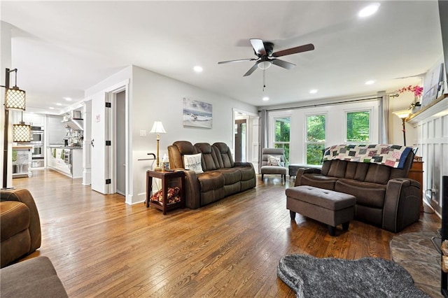 1438 Salem Dr, Alpharetta, GA 30009 - living area with hardwood / wood-style flooring, ceiling fan, and recessed lighting