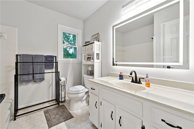 1438 Salem Dr, Alpharetta, GA 30009 - full bath with vanity, tile patterned floors, and washtub / shower combination