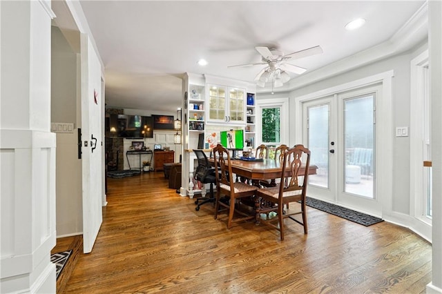 1438 Salem Dr, Alpharetta, GA 30009 - dining space featuring french doors, ceiling fan, wood finished floors, healthy amount of natural light, and recessed lighting