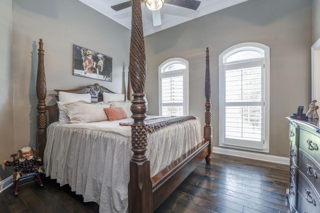 bedroom with ceiling fan and dark hardwood / wood-style floors