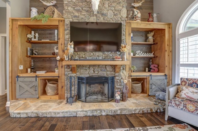 living room featuring a fireplace and dark hardwood / wood-style flooring