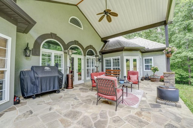 view of patio featuring area for grilling, french doors, and ceiling fan