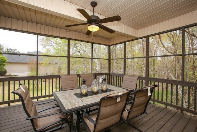 sunroom / solarium featuring outdoor dining area and ceiling fan
