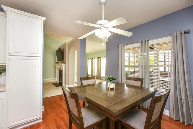 dining area featuring wood finished floors, a ceiling fan, a fireplace with flush hearth, and arched walkways
