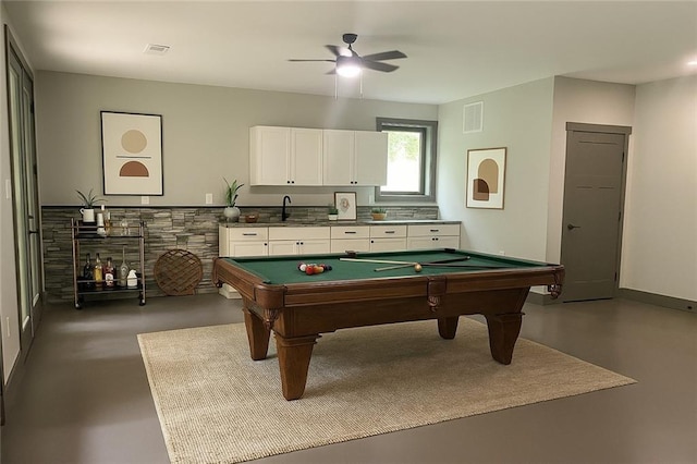 221 Dragonfly Cv, Toccoa, GA 30577 - playroom with finished concrete floors, a ceiling fan, and billiards