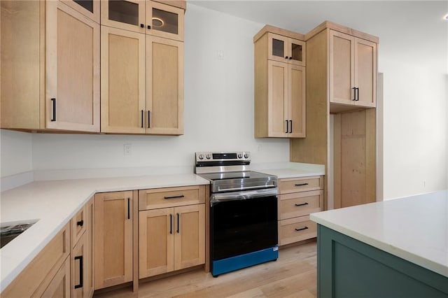 554 Mcdaniel Station Rd SW, Calhoun, GA 30701 - kitchen featuring stainless steel electric stove, light brown cabinets, light wood-style flooring, light countertops, and glass insert cabinets