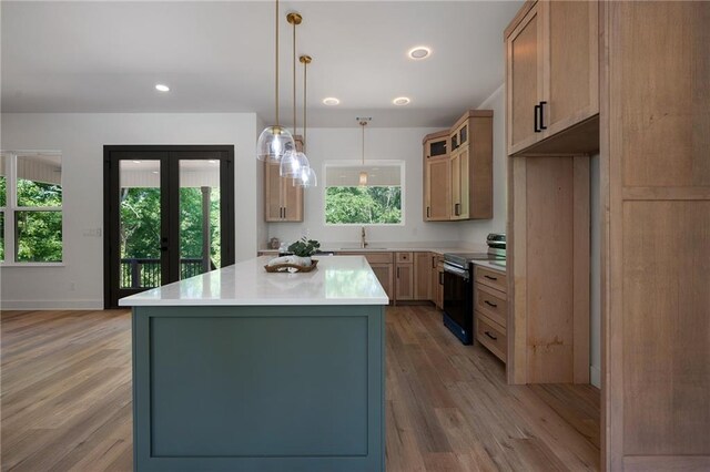 554 Mcdaniel Station Rd SW, Calhoun, GA 30701 - kitchen featuring electric range oven, plenty of natural light, light countertops, light wood-style flooring, and recessed lighting