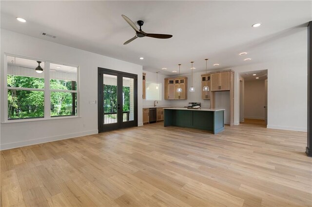 554 Mcdaniel Station Rd SW, Calhoun, GA 30701 - kitchen featuring stainless steel dishwasher, french doors, light wood-style flooring, ceiling fan, and open floor plan