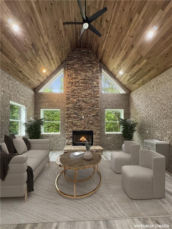 244 Coastline Rd, Fayetteville, GA 30214 - living room featuring high vaulted ceiling, ceiling fan, wooden ceiling, wood finished floors, and healthy amount of natural light