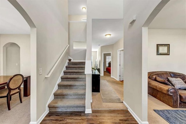 stairway with hardwood / wood-style floors