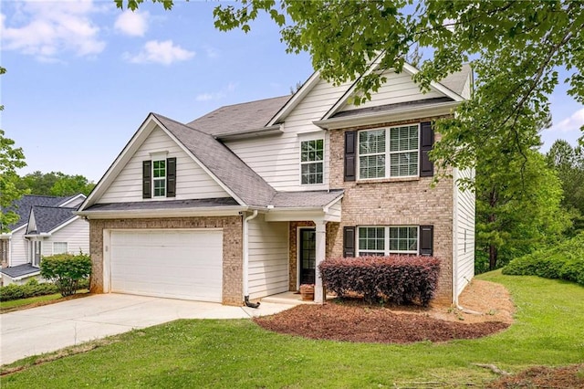 view of front of house with a front lawn, roof with shingles, brick siding, concrete driveway, and an attached garage