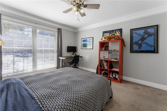 bedroom featuring carpet, crown molding, baseboards, and ceiling fan