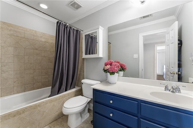 full bathroom featuring tiled shower / bath combo, visible vents, toilet, and crown molding