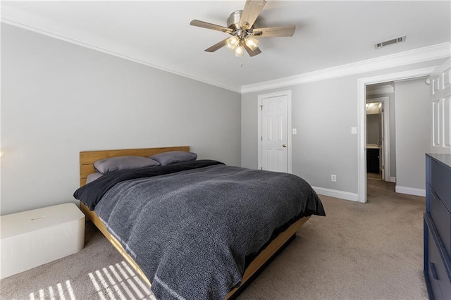 bedroom featuring baseboards, visible vents, a ceiling fan, light colored carpet, and ornamental molding