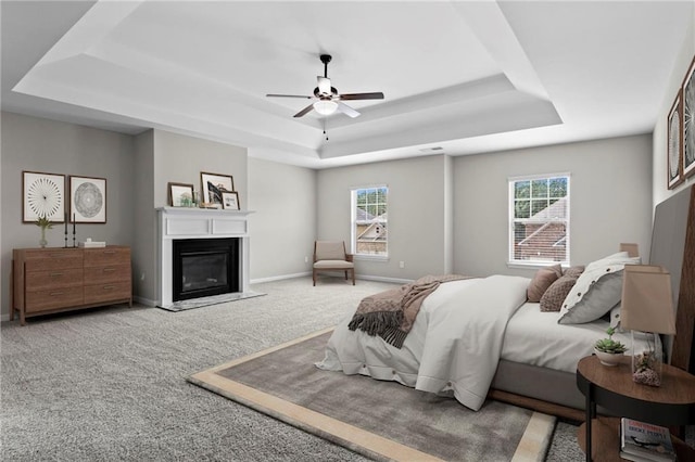 carpeted bedroom with a tray ceiling and multiple windows