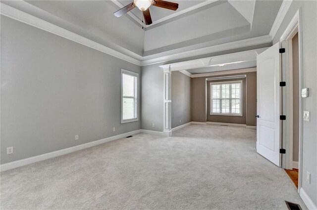 5195 Stefan Ridge Way, Buford, GA 30519 - empty room with light carpet, baseboards, a raised ceiling, and ceiling fan