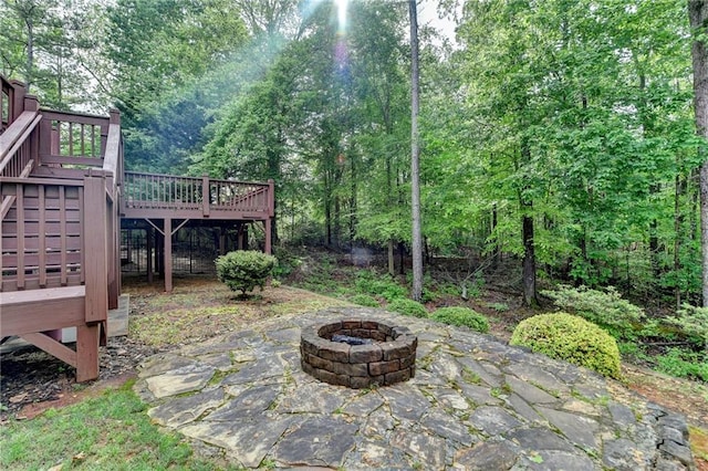 5195 Stefan Ridge Way, Buford, GA 30519 - view of patio featuring an outdoor fire pit, a deck, and stairway