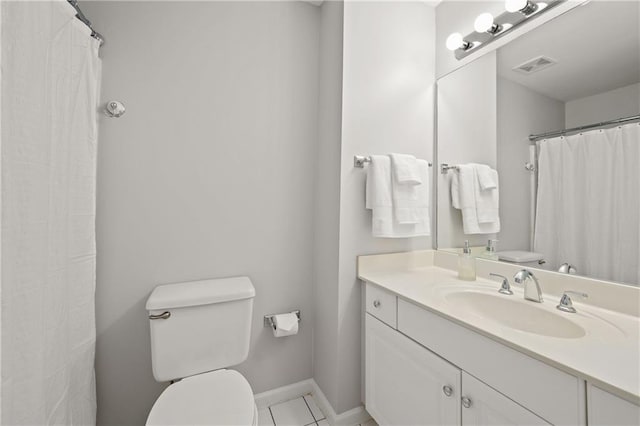 full bath featuring visible vents, baseboards, toilet, tile patterned flooring, and vanity